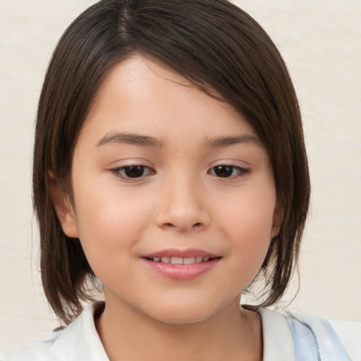 Joyful white child female with medium  brown hair and brown eyes