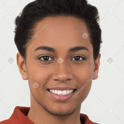 Joyful latino young-adult female with short  brown hair and brown eyes