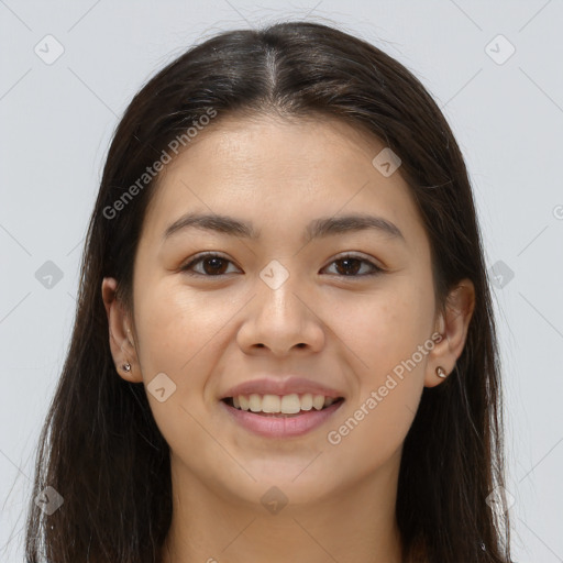 Joyful white young-adult female with long  brown hair and brown eyes