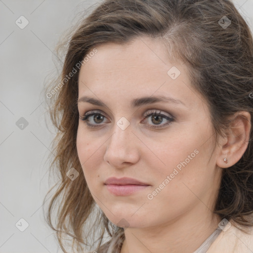 Neutral white young-adult female with medium  brown hair and brown eyes