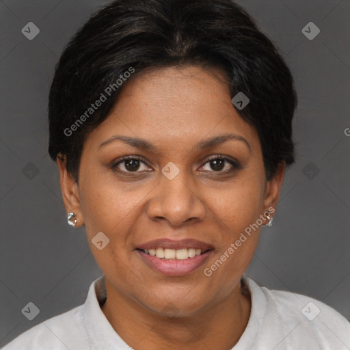 Joyful white adult female with short  brown hair and brown eyes