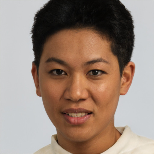 Joyful latino young-adult female with short  black hair and brown eyes