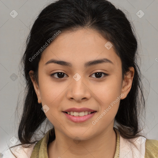 Joyful latino young-adult female with medium  brown hair and brown eyes