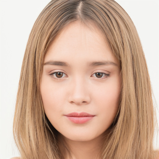 Neutral white young-adult female with long  brown hair and brown eyes