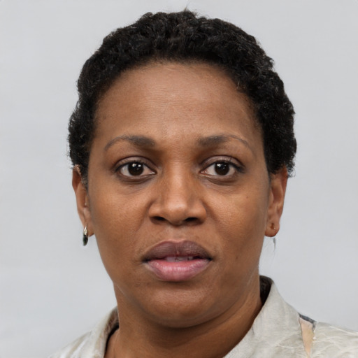Neutral black adult female with short  brown hair and brown eyes