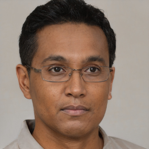 Neutral asian adult male with short  black hair and brown eyes