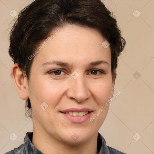 Joyful white adult female with short  brown hair and brown eyes