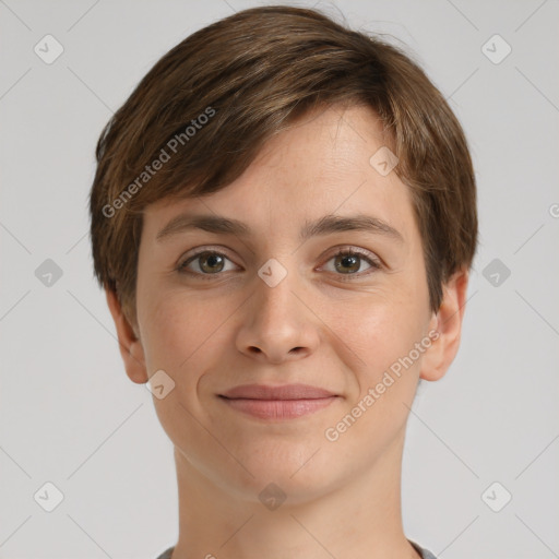 Joyful white young-adult female with short  brown hair and grey eyes