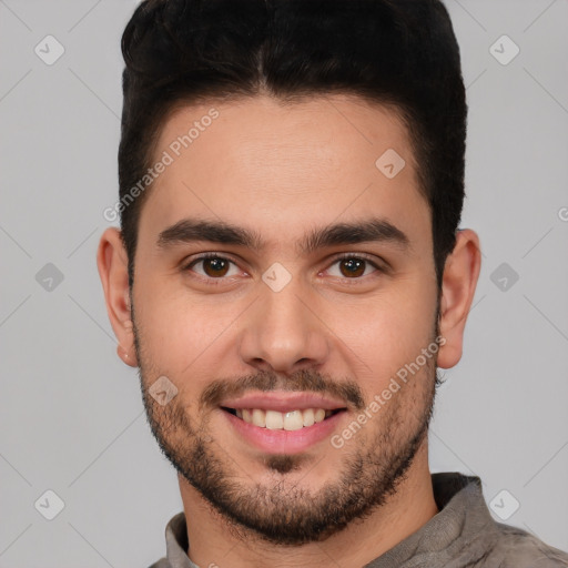 Joyful white young-adult male with short  brown hair and brown eyes