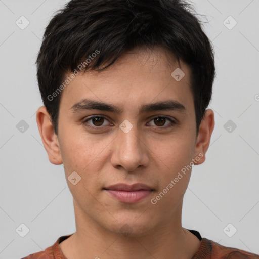 Neutral white young-adult male with short  brown hair and brown eyes
