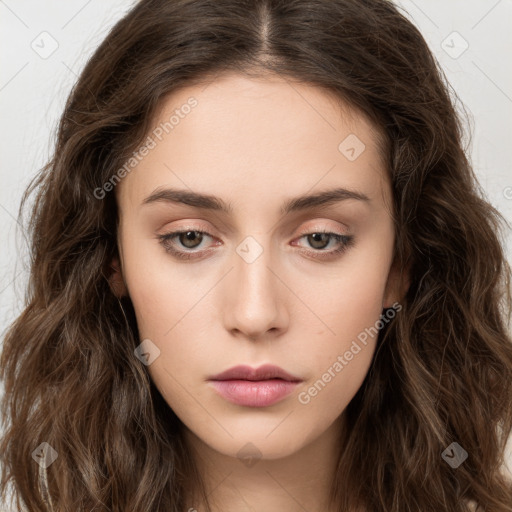 Neutral white young-adult female with long  brown hair and brown eyes