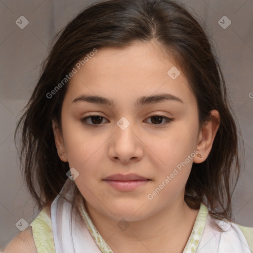 Joyful white child female with medium  brown hair and brown eyes