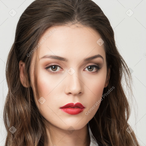 Neutral white young-adult female with long  brown hair and brown eyes