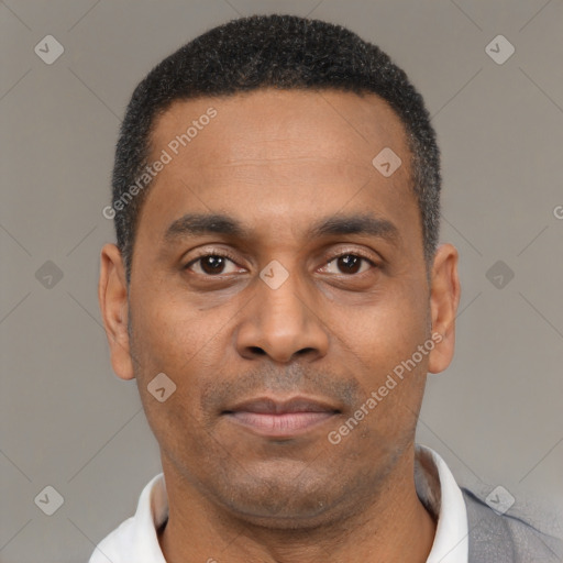 Neutral latino adult male with short  black hair and brown eyes