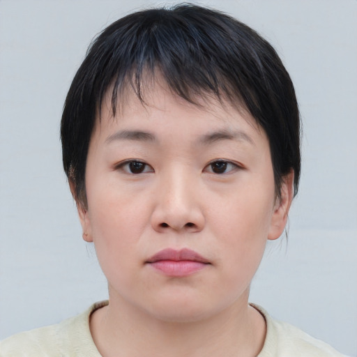 Neutral asian young-adult female with short  brown hair and brown eyes