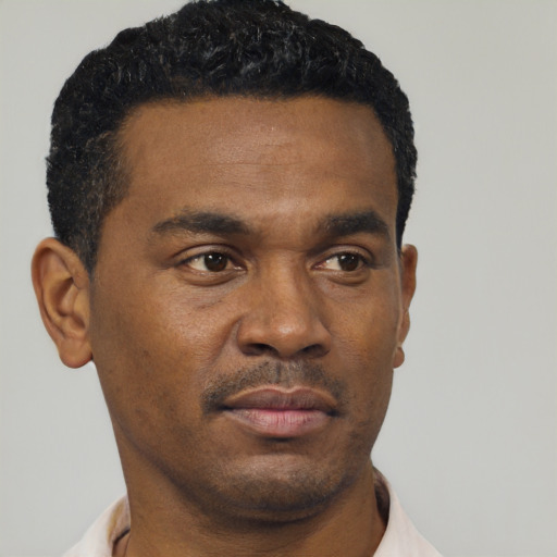 Neutral black young-adult male with short  black hair and brown eyes