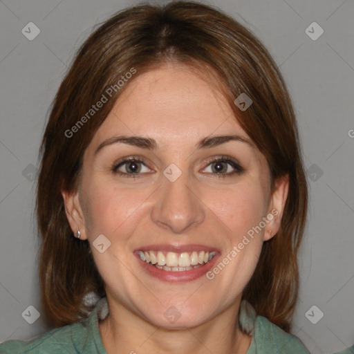 Joyful white young-adult female with medium  brown hair and blue eyes