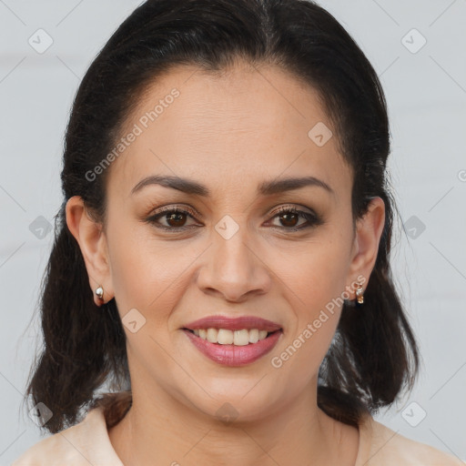 Joyful latino young-adult female with medium  brown hair and brown eyes