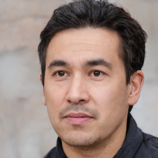 Neutral white adult male with short  black hair and brown eyes