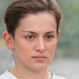 Neutral white young-adult female with short  brown hair and grey eyes