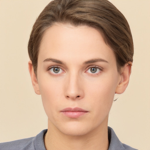 Neutral white young-adult female with short  brown hair and brown eyes