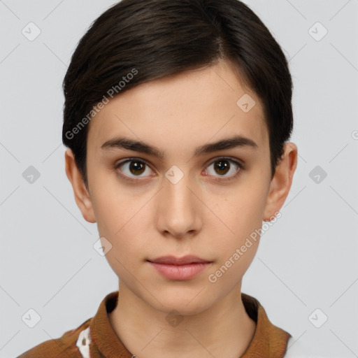 Neutral white young-adult female with short  brown hair and brown eyes