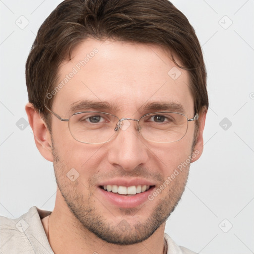 Joyful white adult male with short  brown hair and grey eyes