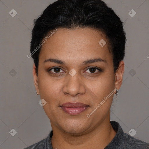 Joyful white young-adult female with short  black hair and brown eyes
