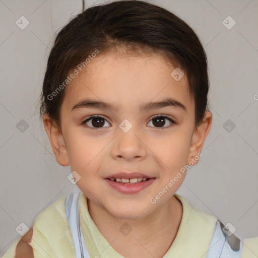 Joyful white child female with short  brown hair and brown eyes