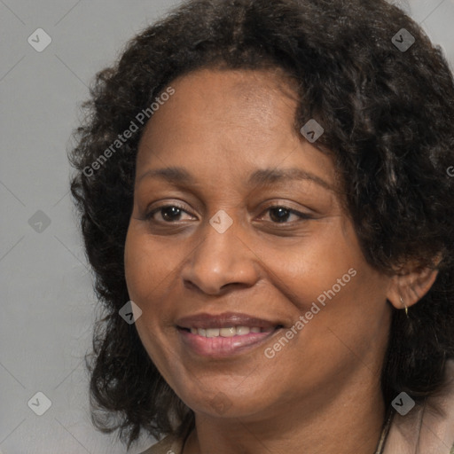 Joyful black adult female with medium  brown hair and brown eyes