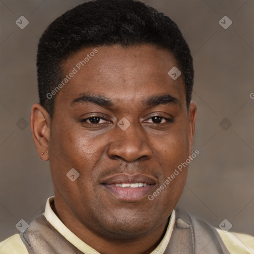 Joyful latino young-adult male with short  brown hair and brown eyes