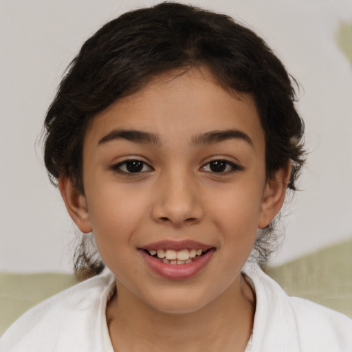 Joyful white child female with medium  brown hair and brown eyes