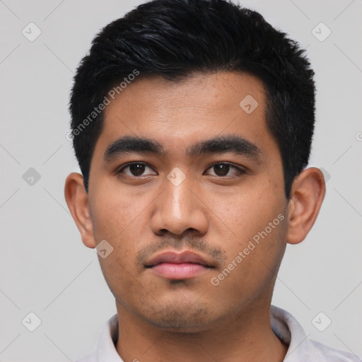 Neutral asian young-adult male with short  black hair and brown eyes