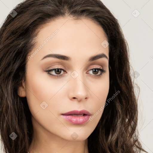 Neutral white young-adult female with long  brown hair and brown eyes