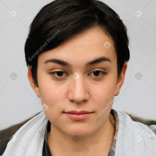 Neutral white young-adult female with short  black hair and brown eyes