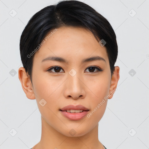 Joyful asian young-adult female with short  black hair and brown eyes