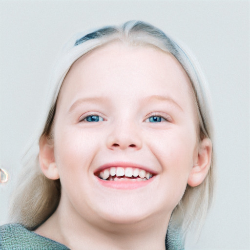 Joyful white child female with medium  brown hair and blue eyes