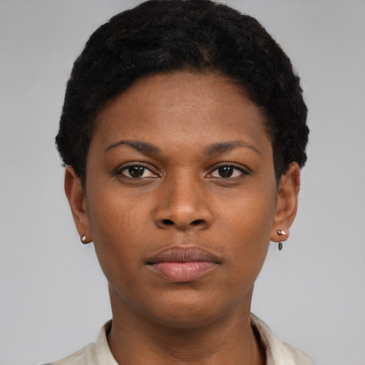 Neutral latino young-adult female with short  black hair and brown eyes
