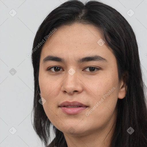 Joyful asian young-adult female with long  brown hair and brown eyes