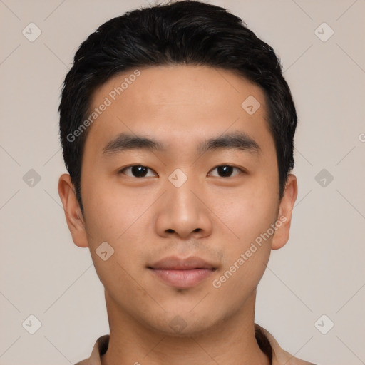 Neutral asian young-adult male with short  black hair and brown eyes