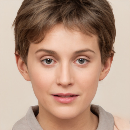 Neutral white young-adult female with short  brown hair and brown eyes