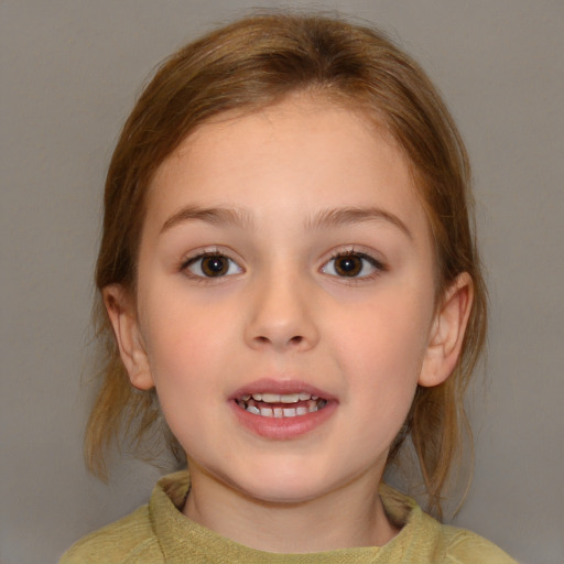 Joyful white child female with medium  brown hair and blue eyes