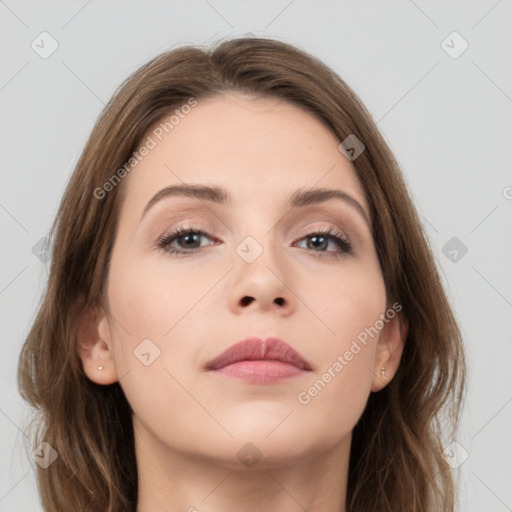 Neutral white young-adult female with long  brown hair and grey eyes