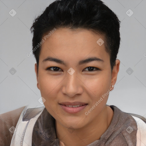 Joyful latino young-adult female with short  brown hair and brown eyes