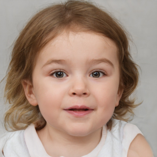 Neutral white child female with medium  brown hair and blue eyes