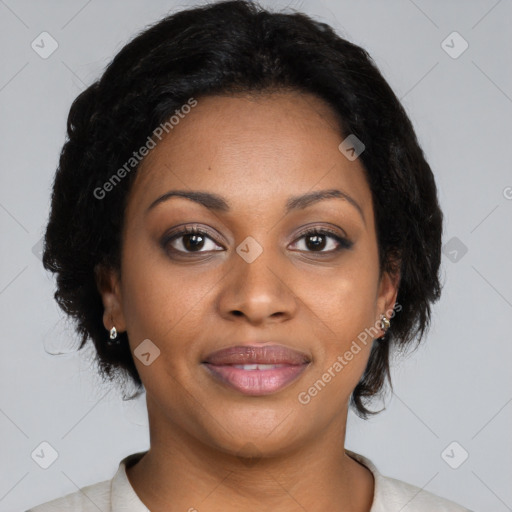 Joyful black young-adult female with medium  black hair and brown eyes