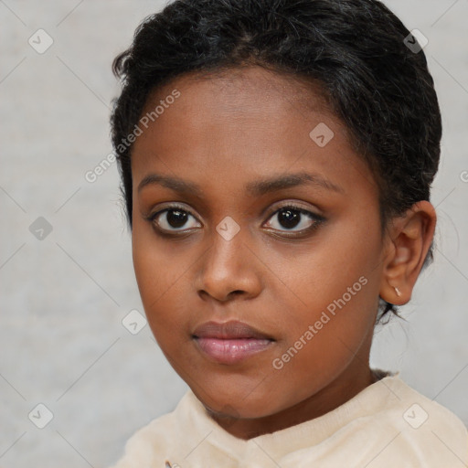 Neutral black young-adult female with short  brown hair and brown eyes