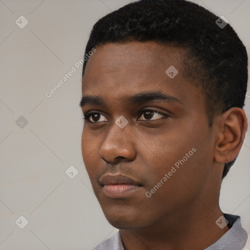 Neutral black young-adult male with short  black hair and brown eyes