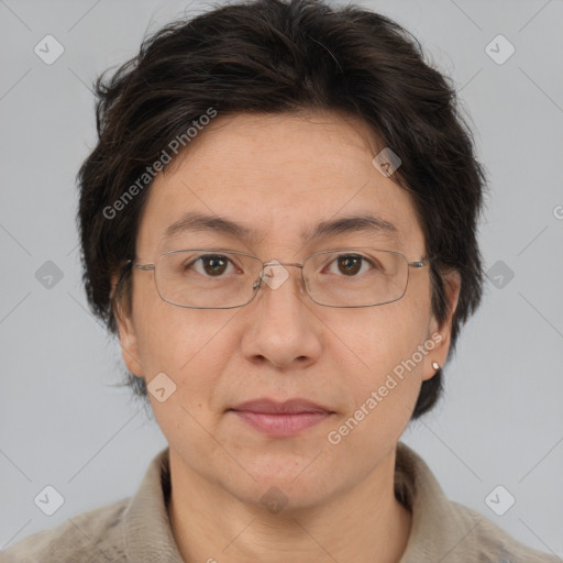 Joyful white adult female with short  brown hair and brown eyes