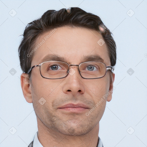 Neutral white adult male with short  brown hair and brown eyes